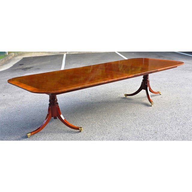 Late 20th Century Baker Furniture Georgian Banded Mahogany Double Pedestal Extension Dining Table For Sale - Image 9 of 15