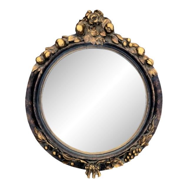 Vintage Round Fruit Tassel Black Gold Wall Mirror For Sale