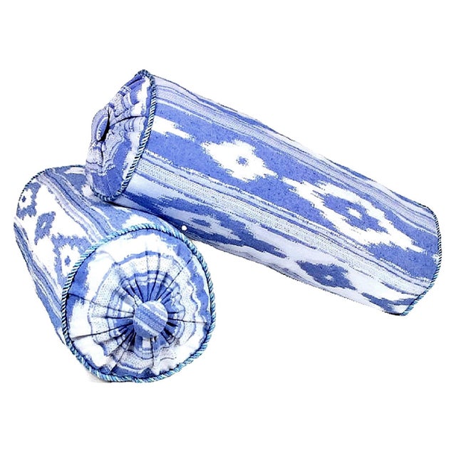 Tribal Blue Ikat Buttoned Schumacher Style Bolster Pillows With Piping - a Pair For Sale - Image 3 of 13