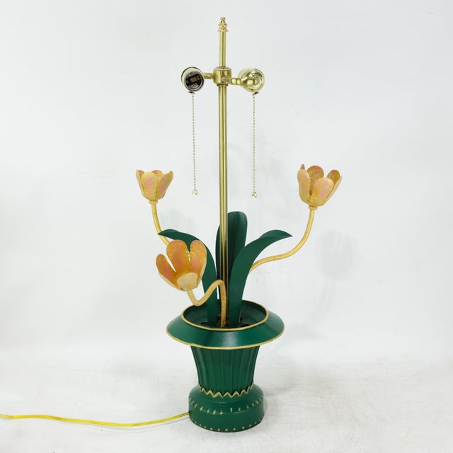 Art Deco Vintage Brunschwig & Fils Green Tole Flower Table Lamps, Yellow and Pink Tulip Design - a Pair For Sale - Image 3 of 11