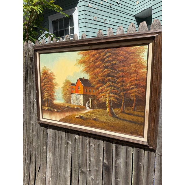 1960s Large Vintage Autumn Watermill Oil Painting, Signed Robert More For Sale - Image 5 of 8