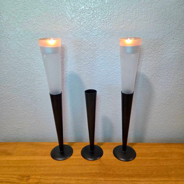Metal Set of 3 Northern Lights Malibu Tealight Holders, Matte Black Metal & Frosted Glass Modern Candle Stands For Sale - Image 7 of 11