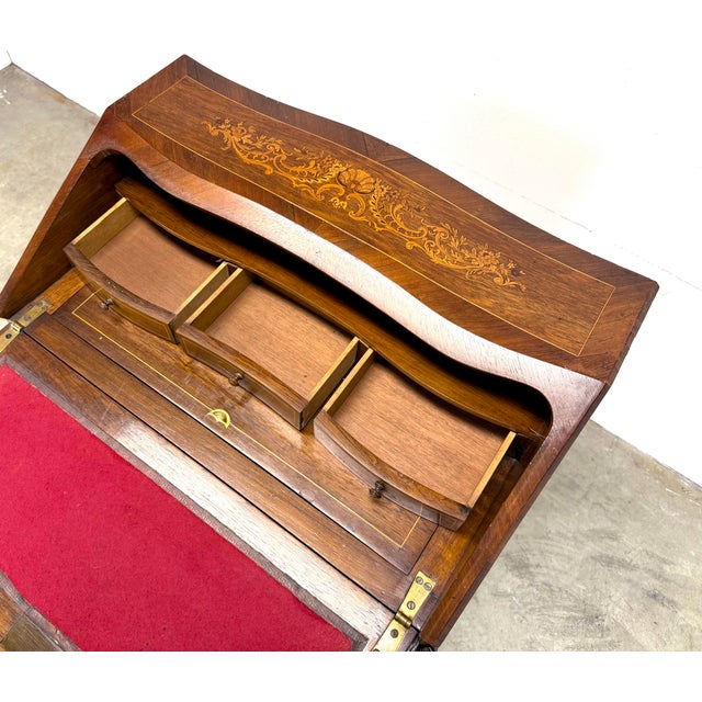Antique French Louis XV Style Ormolu Mounted Marquetry Inlaid Slant Front Ladies Desk For Sale - Image 10 of 12