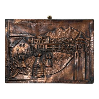 Vintage Rustic European Village Scene Copper Relief Repousse Wall Plaque For Sale