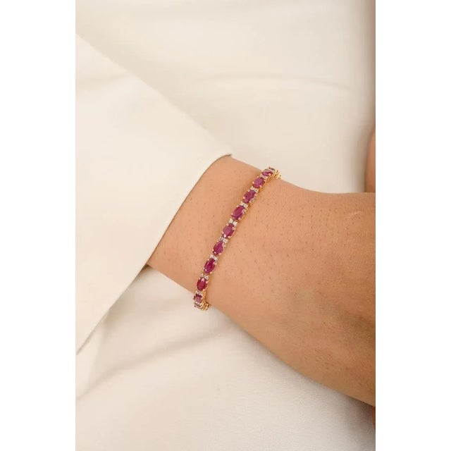 9.36 Carat Genuine Ruby Diamond Birthstone Tennis Bracelet in 14k Yellow Gold For Sale - Image 4 of 12