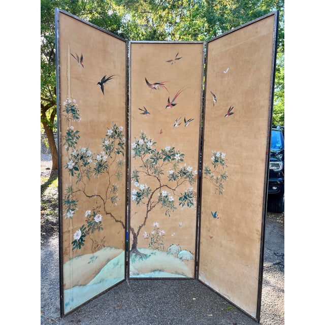 Textile 19th Century Chinese Hand Painted Silk 6-Panel Wallpaper Floor Screen Mounted as a Pair For Sale - Image 7 of 12