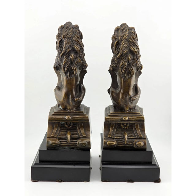 Rare Antique Pair of Victorian-Era Bronze Lion Rampart Bookends on Pedestal. For Sale - Image 10 of 16