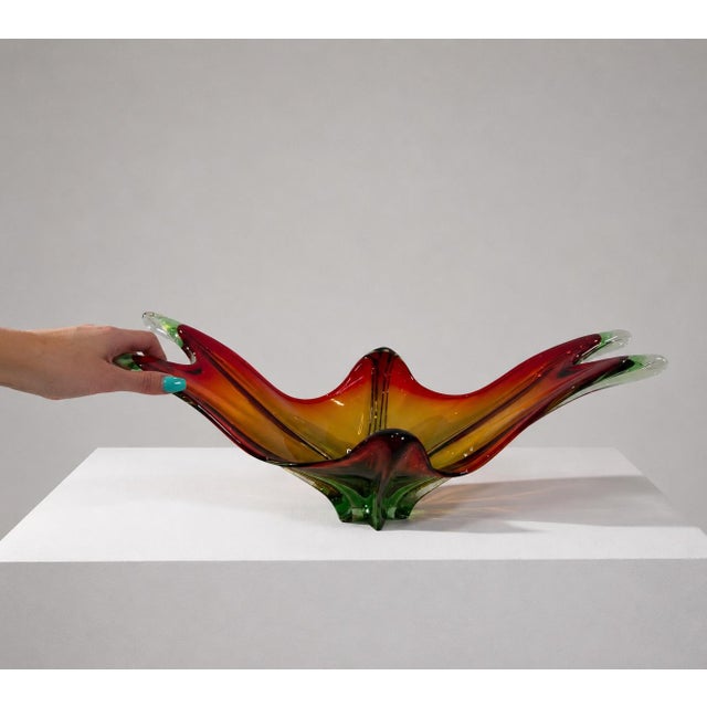 Mid-Century Modern Large Vintage Murano-Style Red, Orange & Green Sculptural Art Glass Bowl For Sale - Image 3 of 6
