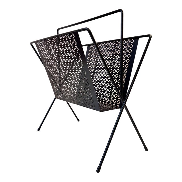 Vintage Mid Century Black Perforated Metal Magazine Rack For Sale