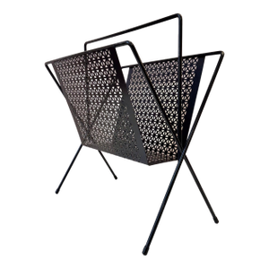 Vintage Mid Century Black Perforated Metal Magazine Rack