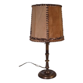 Mid-Century Rustic Table Lamp with Brass Base and Handmade Leather Shade from Schröder & Co., 1960s For Sale