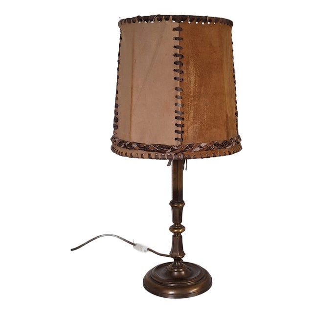 Mid-Century Rustic Table Lamp with Brass Base and Handmade Leather Shade from Schröder & Co., 1960s For Sale