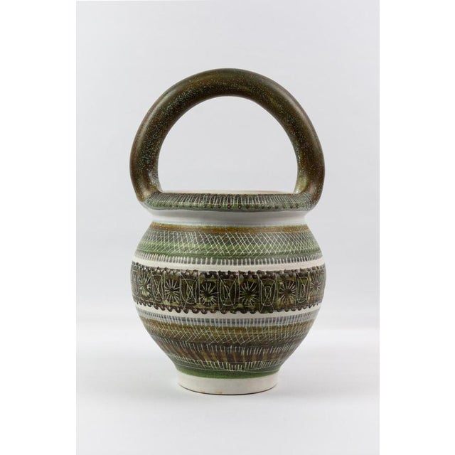 Large Mid-Century Green and Brown Glazed Ceramic Vase with Handle by Marcel Guillot for Salon des Ateliers d'Art, France, 1950s For Sale - Image 4 of 11