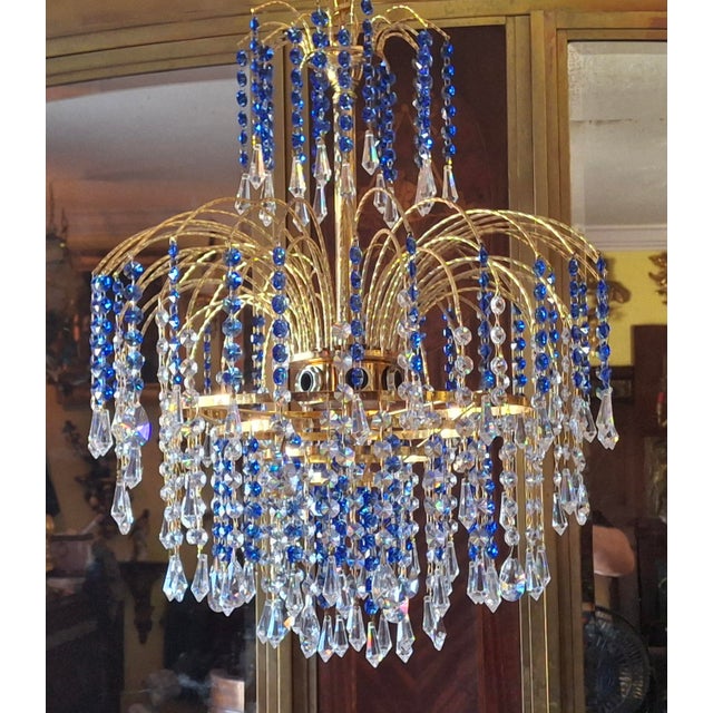 1960's Hollywood Regency Sapphire Blue & Clear Cut Austrian Crystal Gold Waterfall Tiered Chandelier Attrib. Palwa For Sale - Image 12 of 18