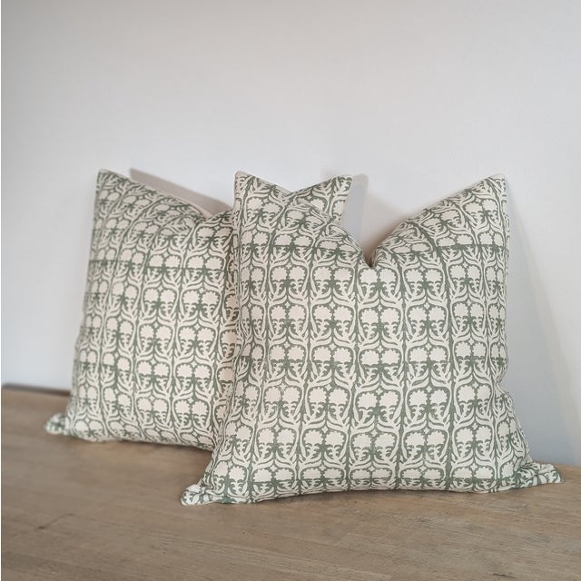 Penny Morrison Green Ashok block print pillows with coordinating cream linen backs. Pretty floral block print - Invisible...