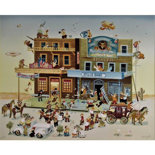 This artwork titled "Western Film" 1976 is an original color lithograph on Arches paper by renown artist Hiro Yamagata...