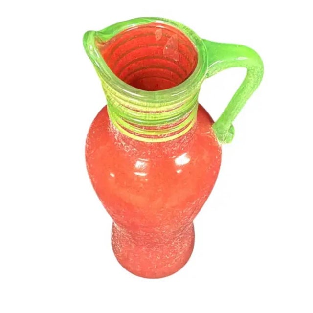 Murano Vintage Murano Art Glass Pitcher, Scavo-Style, Coral-Red & Green For Sale - Image 4 of 9