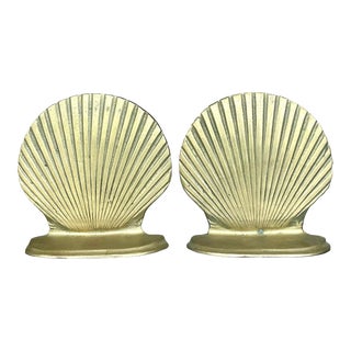 Vintage Coastal Brass Clamshell Bookends - Set of 2 For Sale