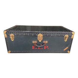 Vintage Green Leather & Brass Travel Trunk With Red “Elp” Monogram For Sale