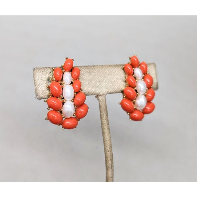 1950s Vintage 1958 Crown Trifari Goldtone Cabochon Faux-Coral & Faux-Pearl Clip Earrings-2 Pieces For Sale - Image 5 of 8