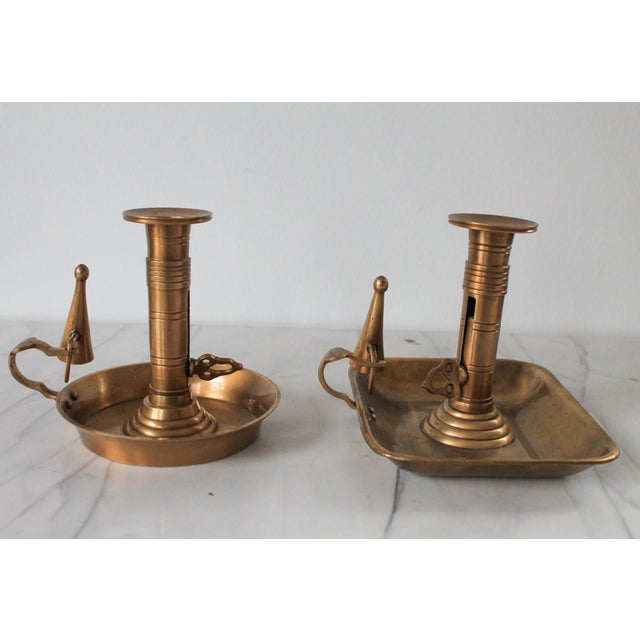 Vintage Brass Chamberstick Candle Holders W/ Snuffers - A Pair For Sale - Image 4 of 9
