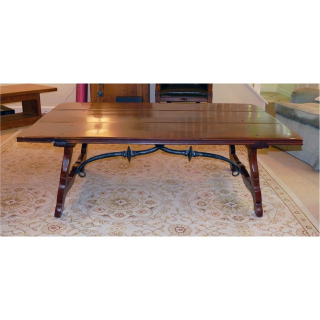 Spanish Colonial Style Coffee Table With Trestle Base and Wrought Iron