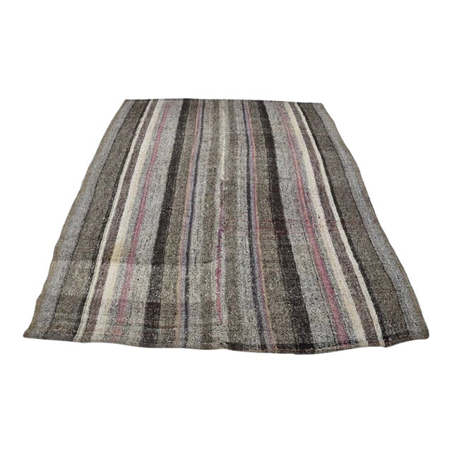 Vintage Handwoven Anatolian Flat-Weave Kilim Rug in Charcoal, Cream For Sale