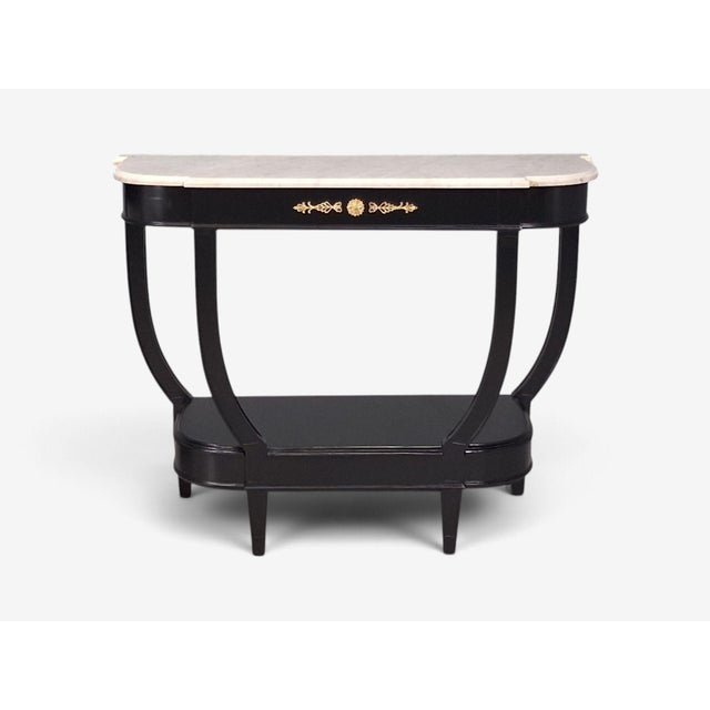 Black Louis XVI Style, Console Tables, Ebonized Wood, Bronze, Marble, France, 20th C. For Sale - Image 8 of 16