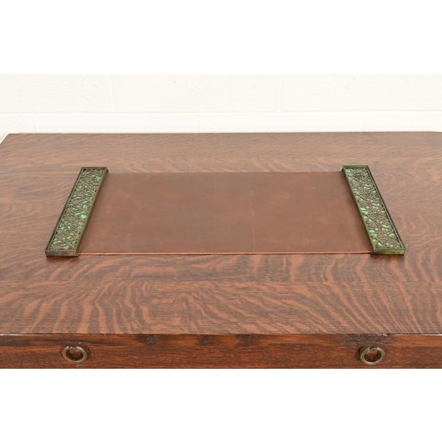 A beautiful Arts & Crafts or Art Nouveau period "Grapevine" pattern bronze and slag glass blotter ends with verdigris...