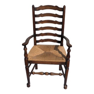 Late 20th Century Vintage French Farmhouse Rush Seat Ladder Back Arm Chair For Sale