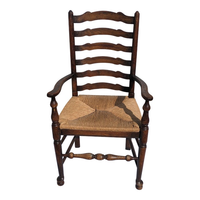 Late 20th Century Vintage French Farmhouse Rush Seat Ladder Back Arm Chair For Sale