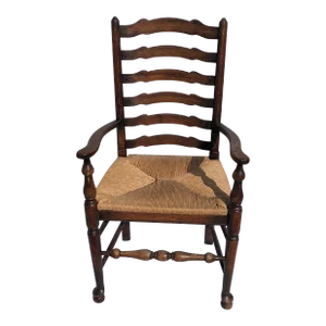 Late 20th Century Vintage French Farmhouse Rush Seat Ladder Back Arm Chair