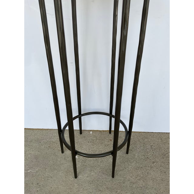 Original retail $890, stylish Currey & Company Modern White and Taupe Marble Hexagonal Tosi Accent Table, textured bronze...