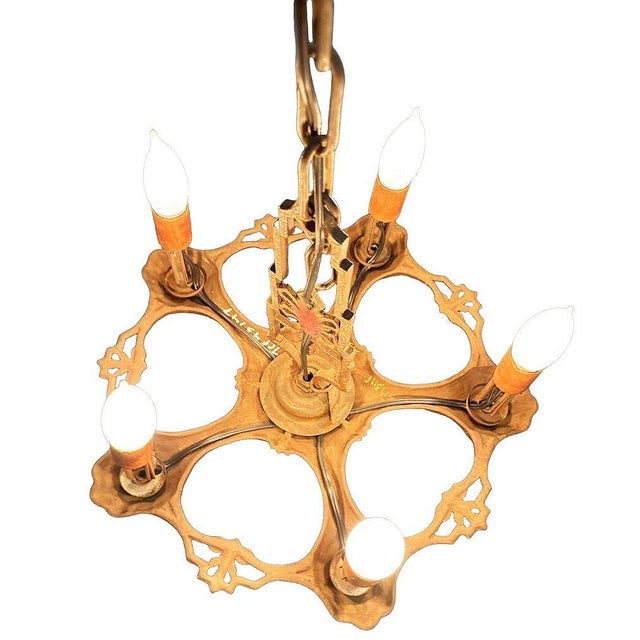 1920s 1920s Art Deco Brass Five Light Romantic Revival Polychrome Candelabra Chandelier For Sale - Image 5 of 7