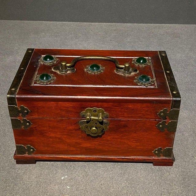 Rosewood Jewelry Box With Brass Mounts & Jade Cabochons – Chinoiserie Decor For Sale - Image 10 of 10