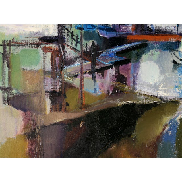 "Rain-Drenched Marina" Mid Century Modern Oakland Seascape in Oil on Linen by Carol Sideman For Sale - Image 4 of 9