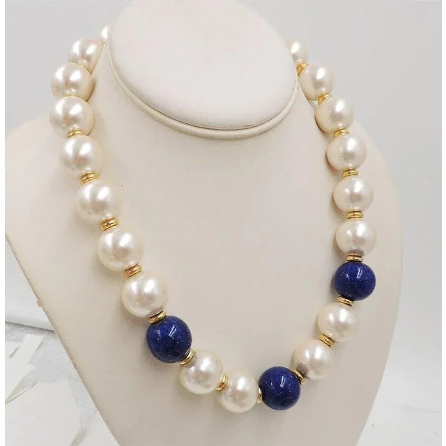 Vintage Circa 1992 Signed Napier Mabe Faux-Pearl & Lapis Necklace For Sale - Image 12 of 12