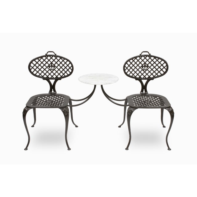 Here is a unique tandem chair set with table by Thinline, circa 1960s. The aluminum frame, newly powder-coated in a deep...