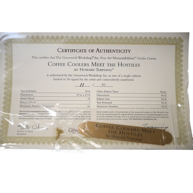 Yellow Howard Terpning “Coffee Coolers Meet the Hostiles” Signed Limited Edition MasterWork Giclée Canvas, 11/50 For Sale - Image 8 of 9