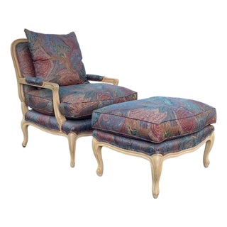 Custom Upholstered Paisley French Country Bergere Chair and Ottoman by Beverley Interiors "Stewart Collection" For Sale