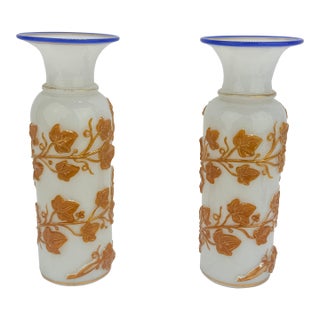 Pair French Opaline Ivy-Trail Vases With Cobalt Rims, C. 1860–80 Attr. Baccarat For Sale