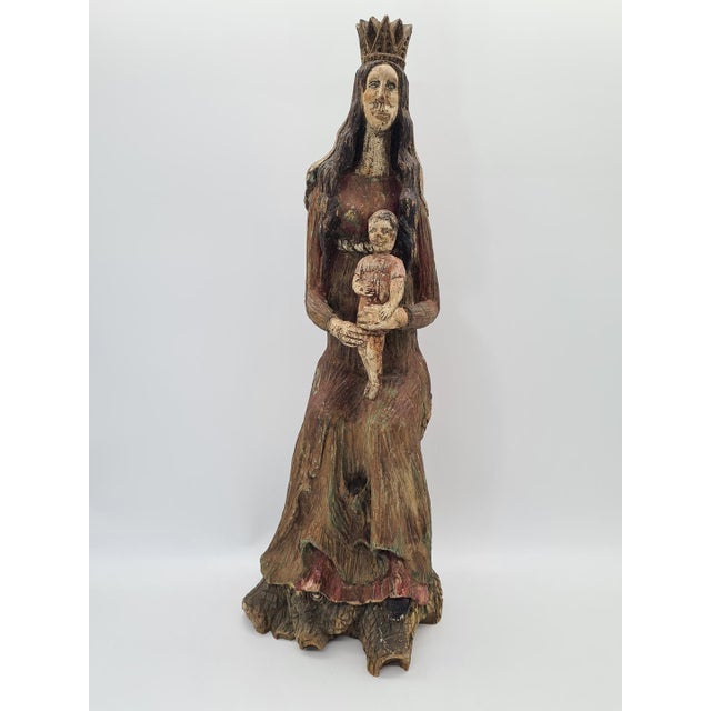 Hand-Carved and Polychromed Wooden Folk Sculpture of the Virgin Mary with Child, Early 20th Century For Sale - Image 14 of 15