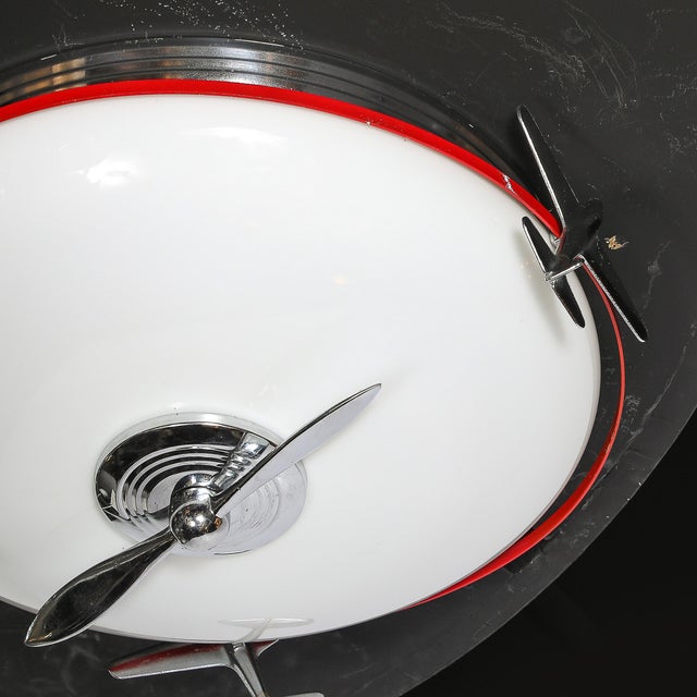 Metal Art Deco Machine Age Milk Glass & Chrome Airplane Flush Mount For Sale - Image 7 of 12