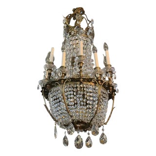 French Empire, Thirteen Light Basket Chandelier, Bronze, Crystal, France, 19th C For Sale