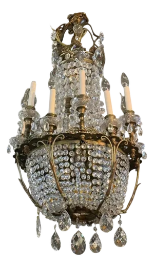 French Empire, Thirteen Light Basket Chandelier, Bronze, Crystal, France, 19th C