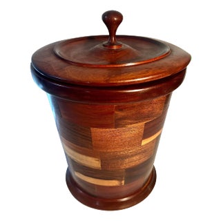 Ice Bucket with Inlay Pieces of Varied Woods Lined and with Removable Lid For Sale