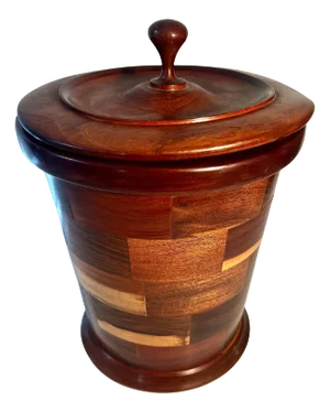 Ice Bucket with Inlay Pieces of Varied Woods Lined and with Removable Lid