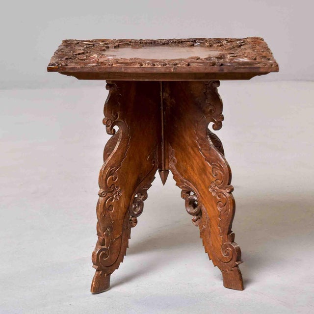 English Anglo-Indian Carved Hardwood Folding Occasional Table With Burl Top For Sale - Image 3 of 9
