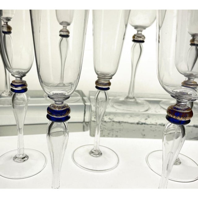 Stemmed Flute Glasses in Murano Glass with Cobalt and Gold Accents by Cenedese, 1980s, Set of 6 For Sale - Image 17 of 18