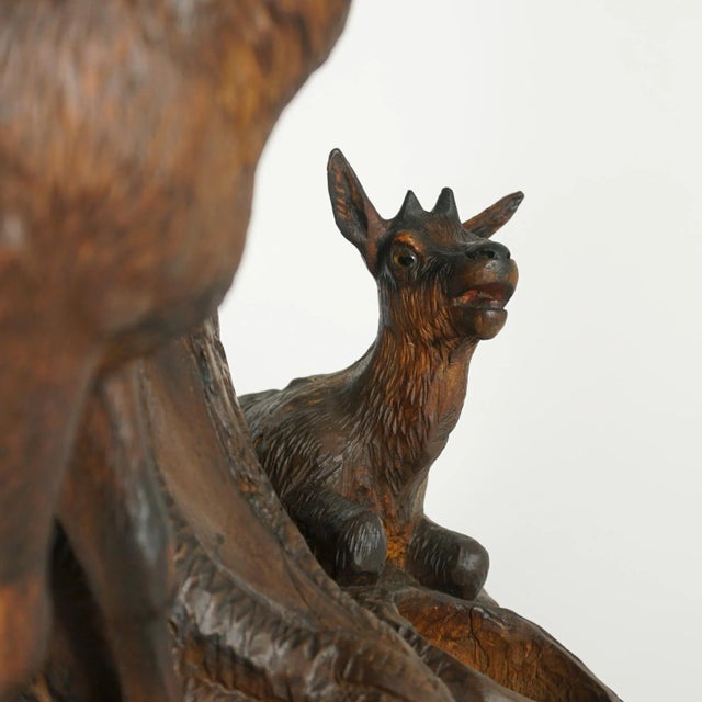 Wood Late 19th Century Antique Black Forest Hand Carved Wood Chamois Figural Pipe Holder Stand Tobacco Humidor For Sale - Image 7 of 10